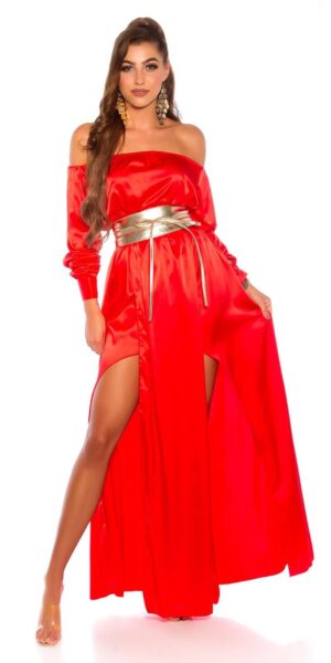 Rochie de ocazie eleganta lunga rosie din satin vaporoasa Gul