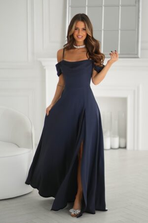 Rochie de ocazie lunga bleumarin navy cu umerii goi vaporoasa Katiya