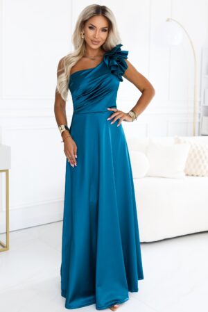 Rochie de ocazie lunga din satin albastra cu un umar gol si volan floral Natalia