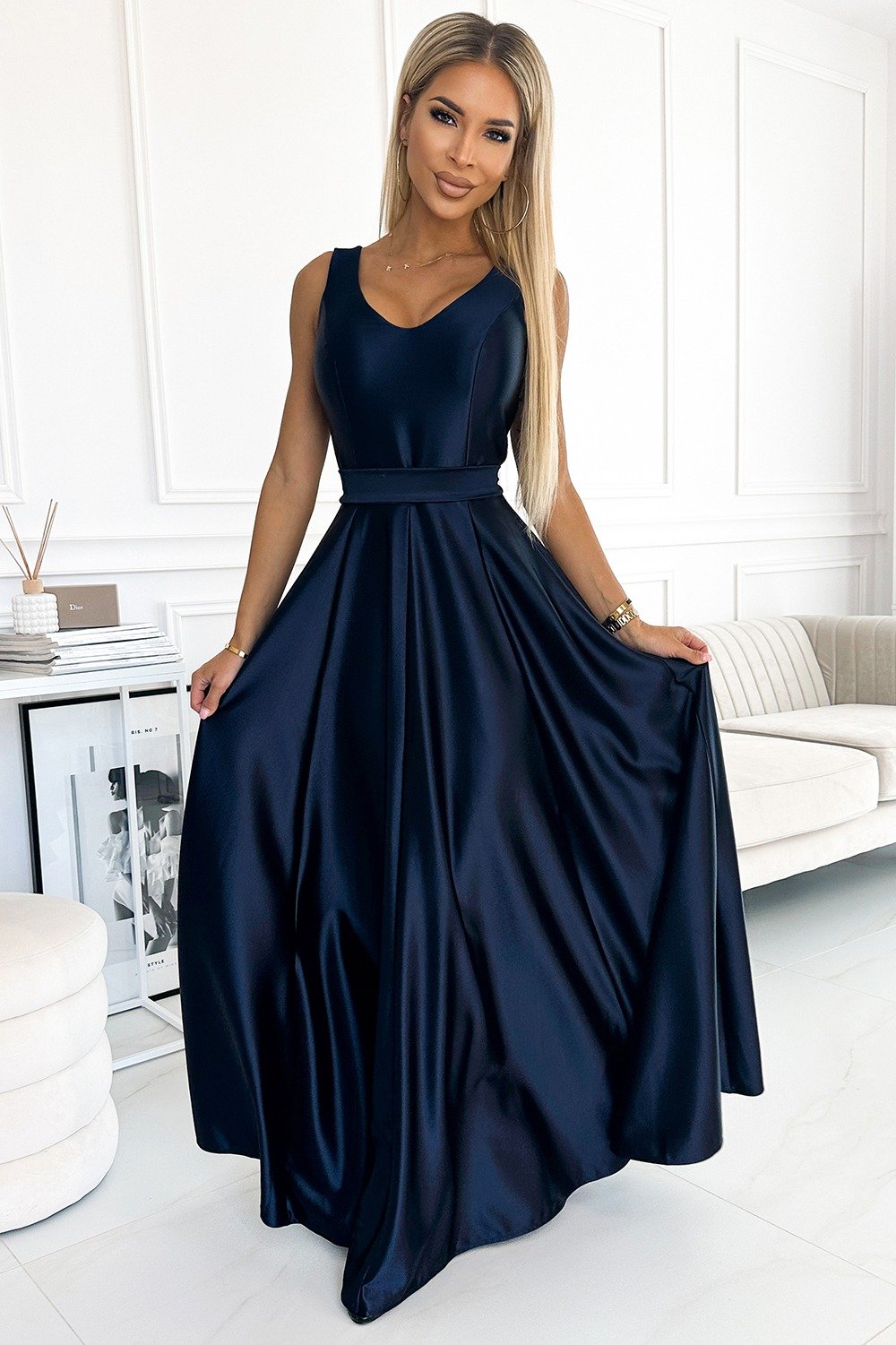 Rochie lunga din satin bleumarin navy Cindy