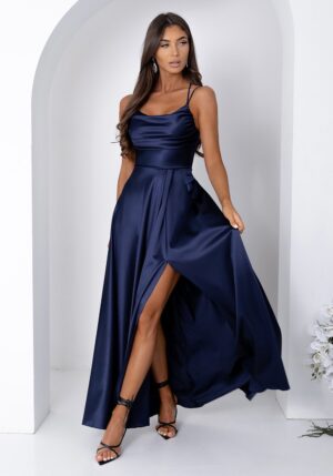 Rochie de ocazie lunga din satin bleumarin navy cu bust tip corset ValeriaW3