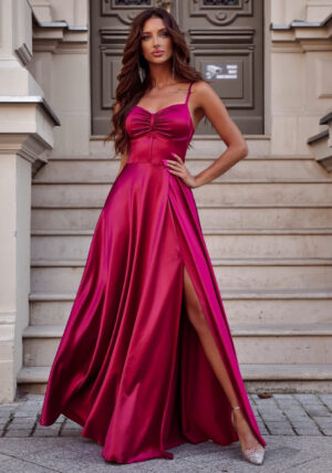 Rochie de ocazie lunga din satin burgundy cu corset Karenina