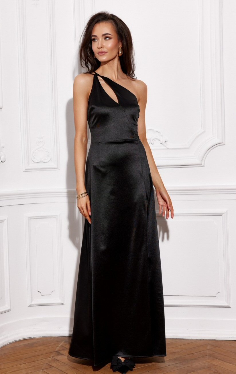 Rochie de ocazie lunga neagra din satin crapata pe picior MoanaR
