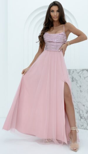 Rochie de ocazie lunga roz pal din tulle si paiete cu bustul tip corset si umerii goi Bella
