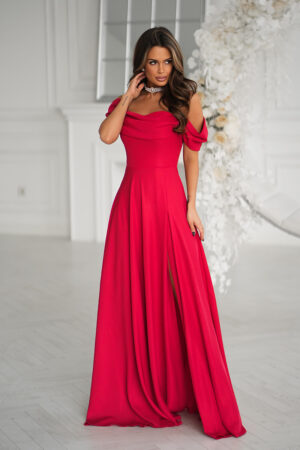 Rochie de ocazie lunga glitter rosie cu umerii goi vaporoasa Delight
