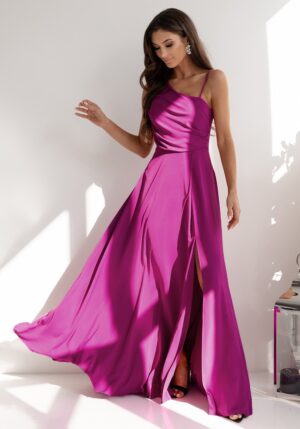 Rochie de ocazie lunga roz magenta cu un umar gol vaporoasa Monako