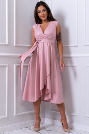 Rochie de ocazie midi din brocard roz pudra petrecuta asimetrica Greta