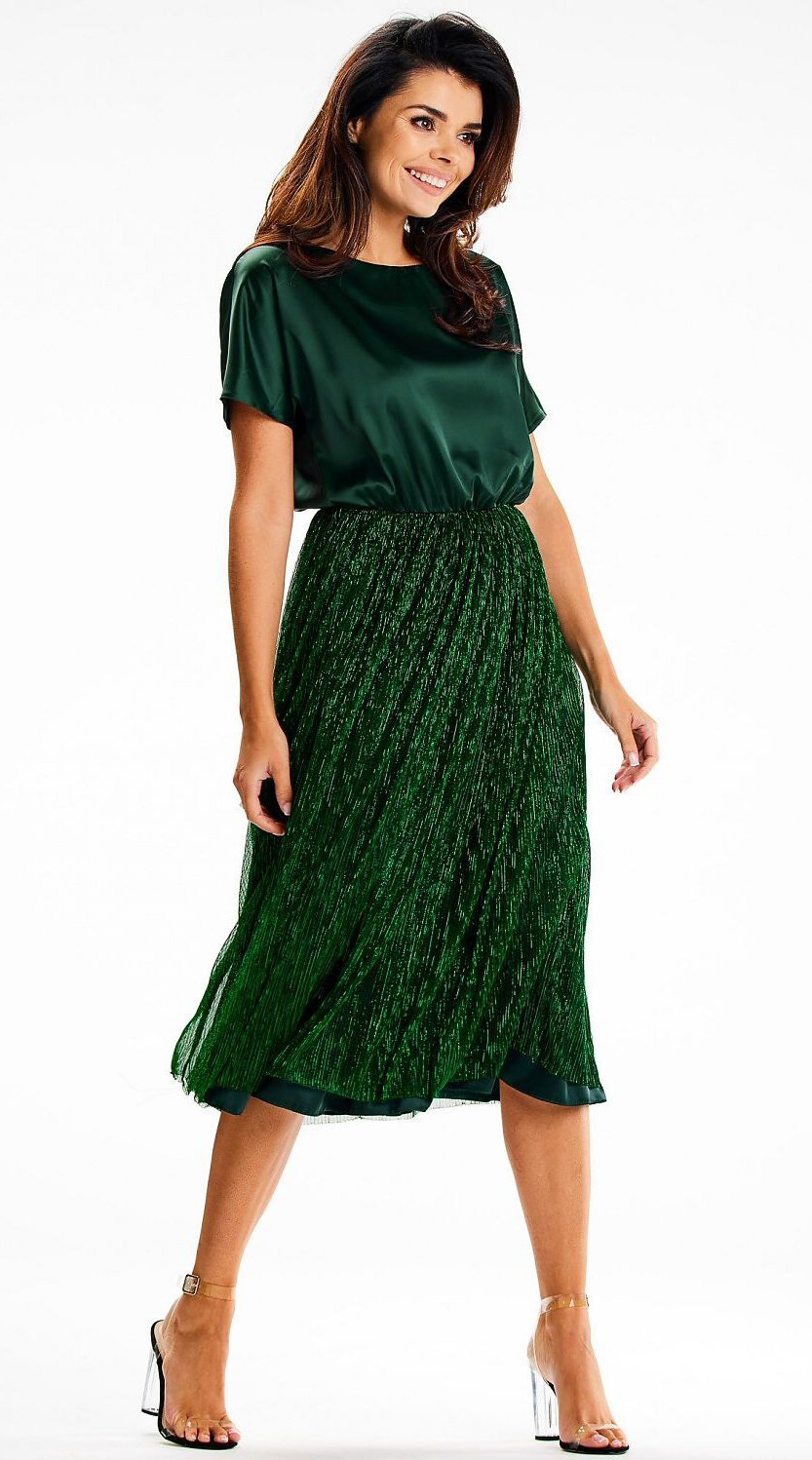Rochie de ocazie midi din satin si glitter verde smarald DorianeY