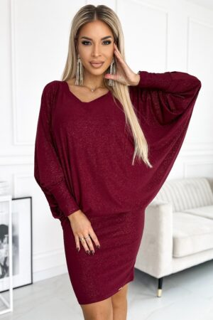 Rochie scurta cu glitter burgundy cu maneca lunga tip liliac oversize Deandra