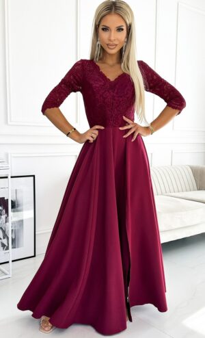 Rochie eleganta lunga din dantela burgundy cu maneca Allegria
