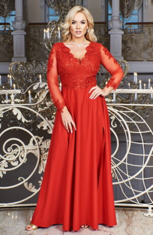 Rochie lunga rosie din dantela cu brocard cu maneca lunga Carmen