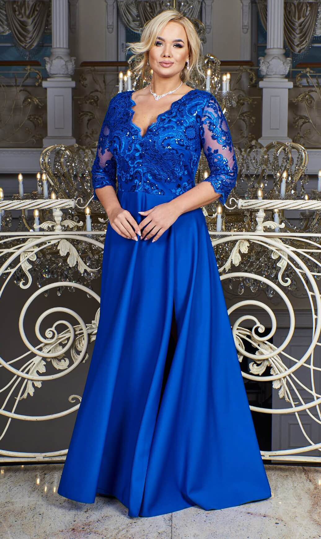 Rochie lunga eleganta albastra in marimi mari din dantela cu broderie Alizaa