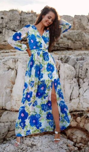 Rochie de vara lunga din voal ecru cu flori bleu vaporoasa cu maneca lunga Anamaria
