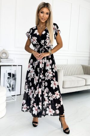 Rochie de vara lunga neagra cu flori ecru vaporoasa plisata Isolda