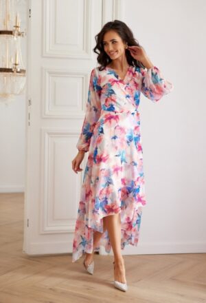 Rochie din chiffon ecru cu flori multicolore vaporoasa cu maneca lunga Fiorella