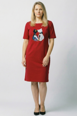 Rochie din tricot de bumbac bordo cu doua pisici aplicate pe piept