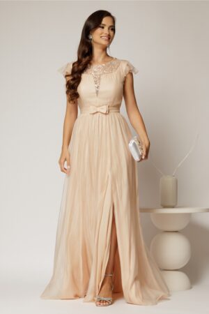 Rochie DY Fashion lunga bej de seara din voal creponat si funda in talie