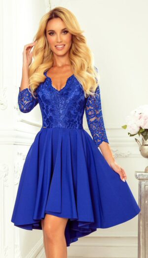 Rochie midi albastra din dantela cu maneca lunga asimetrica Anastasia