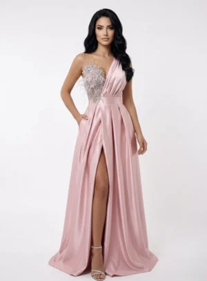 Rochie eleganta din tafta roz prafuit cu broderie si pene