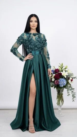 Rochie lunga din tafta verde cu broderie florala 3D