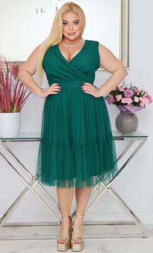 Rochie midi eleganta verde marime mare din tulle vaporoasa EfraW