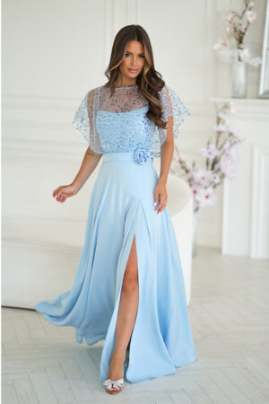 Rochie eleganta lunga baby blue cu bolero din paiete vaporoasa Azaliya
