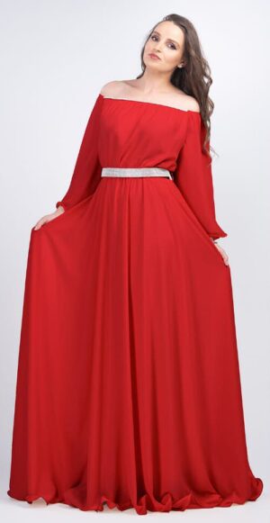 Rochie lunga rosie din voal cu maneca lunga Cinderella