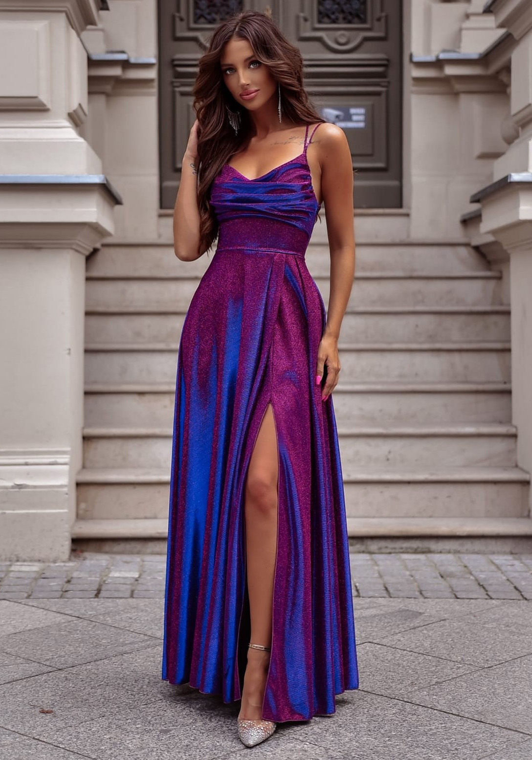 Rochie eleganta lunga din glitter navy multicolor cu reflexii ValeriaLux