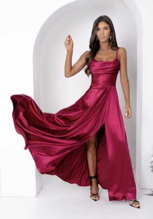 Rochie eleganta lunga din satin burgundy bust tip corset ValeriaW3