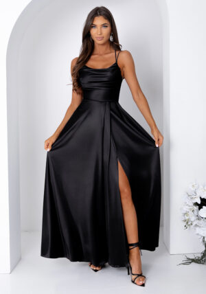 Rochie eleganta lunga din satin neagra bust tip corset ValeriaW3