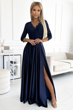 Rochie eleganta lunga din satin si dantela bleumarin cu maneca trei sferturi Allegria