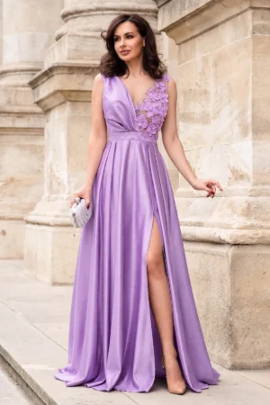 Rochie eleganta lunga din tafta lila Saturn cu flori 3D