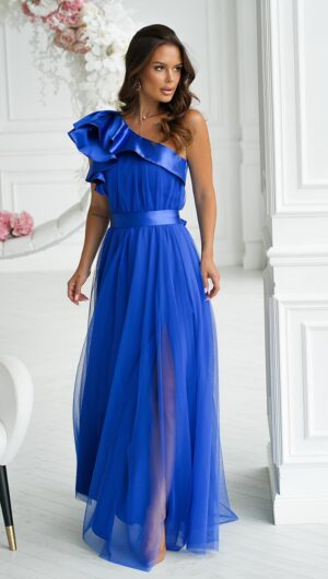 Rochie lunga albastra din tulle cu un umar gol si volan din satin Irresistible