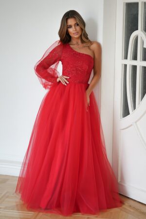 Rochie eleganta lunga rosie din tulle si dantela cu un umar gol si maneca lunga Azelle
