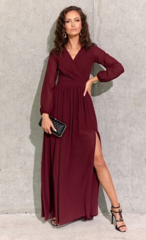 Rochie  lunga din voal chiffon burgundy vaporoasa cu maneca lunga Stella