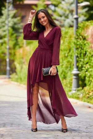 Rochie lunga din voal burgundy cu maneca lunga Jessica