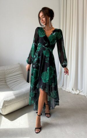 Rochie eleganta din voal verde lunga cu flori cu maneca lunga vaporoasa Sureya
