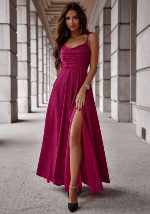 Rochie eleganta lunga din glitter burgundy cu bust tip corset ValeriaLux