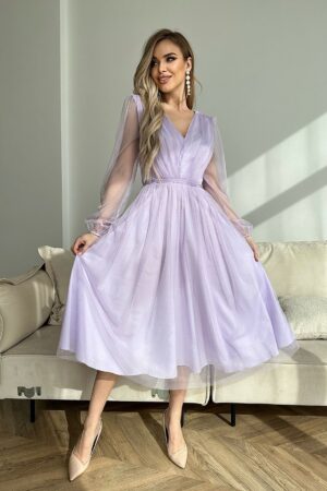 Rochie eleganta midi din tul cu glitter lila cu maneca lunga Petra