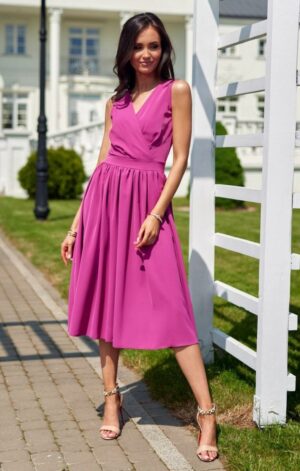 Rochie midi din voal roz magenta vaporoasa Margie