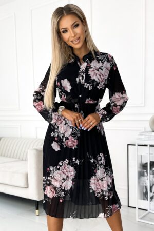 Rochie neagra cu flori roz plisata midi cu maneca lunga vaporoasa Ruth