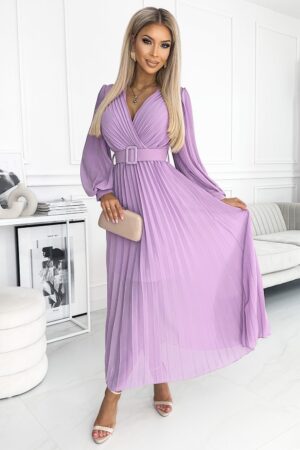Rochie lunga plisata din chiffon lila cu maneca lunga vaporoasa Vaneira