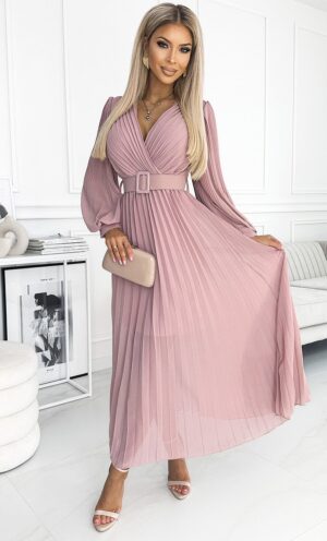 Rochie lunga plisata din chiffon roz pudrat cu maneca lunga vaporoasa Vaneira