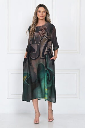 Rochie eleganta satinata A-line cu imprimeu abstract si croi lejer fluid