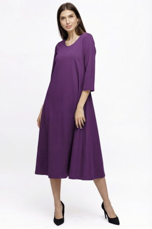 Rochie Eva mov inchis A line din tricot de vascoza si decolteu rotund