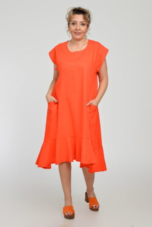 Rochie midi A-line din in mercerizat cu buzunare si volan