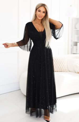 Rochie lunga neagra din brocard cu maneca larga vaporoasa SplendidN
