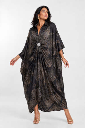 Rochie maxi tip caftan neagra cu imprimeu grafic bej