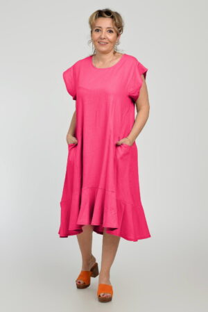 Rochie midi A-line din in mercerizat cu buzunare si volan
