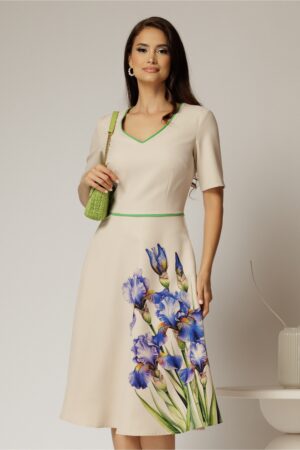 Rochie midi bej clos cu imprimeu indiggo si decolteu in V